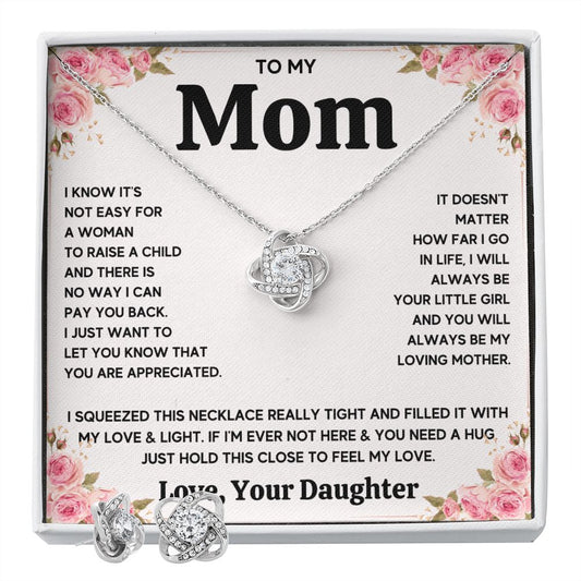 TO MY MOM FROM DAUGHTER SQUEEZED LOVE KNOT EARRING NECKLACE GIFT SET