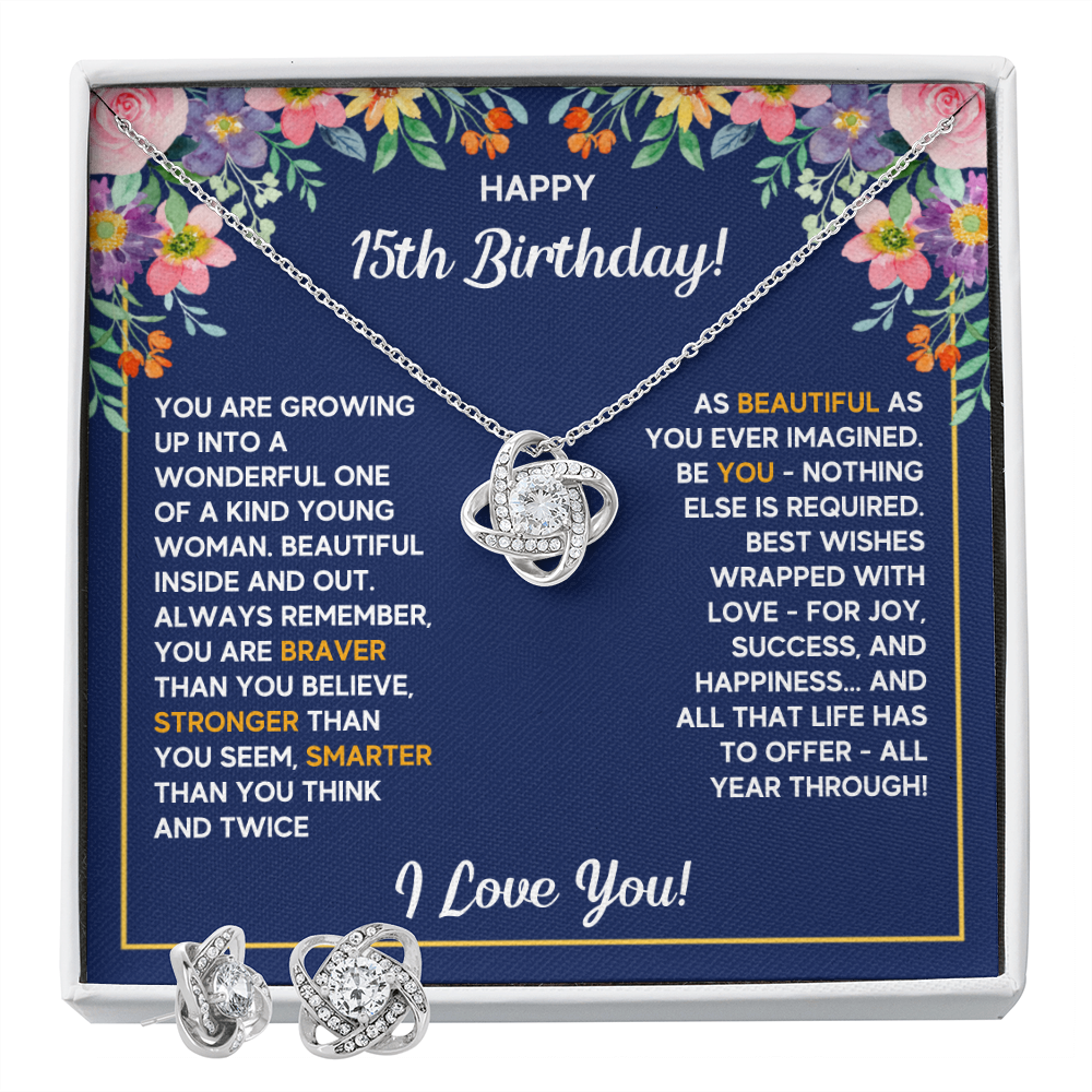 HAPPY 15TH BIRTHDAY WRAPPED LOVE KNOT NECKLACE AND EARRINGS SET