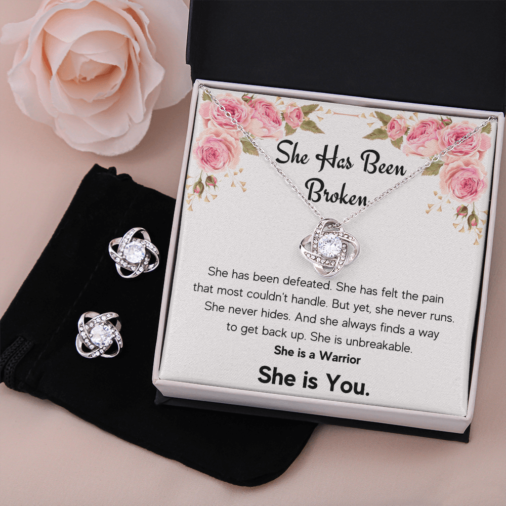 ENCOURAGEMENT SHE IS YOU LOVE KNOT NECKLACE AND EARRINGS SET