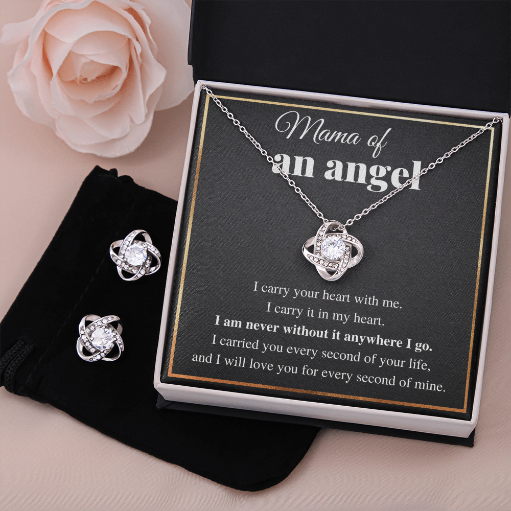 MAMA OF AN ANGEL LOVE KNOT NECKLACE AND EARRINGS GIFT SET