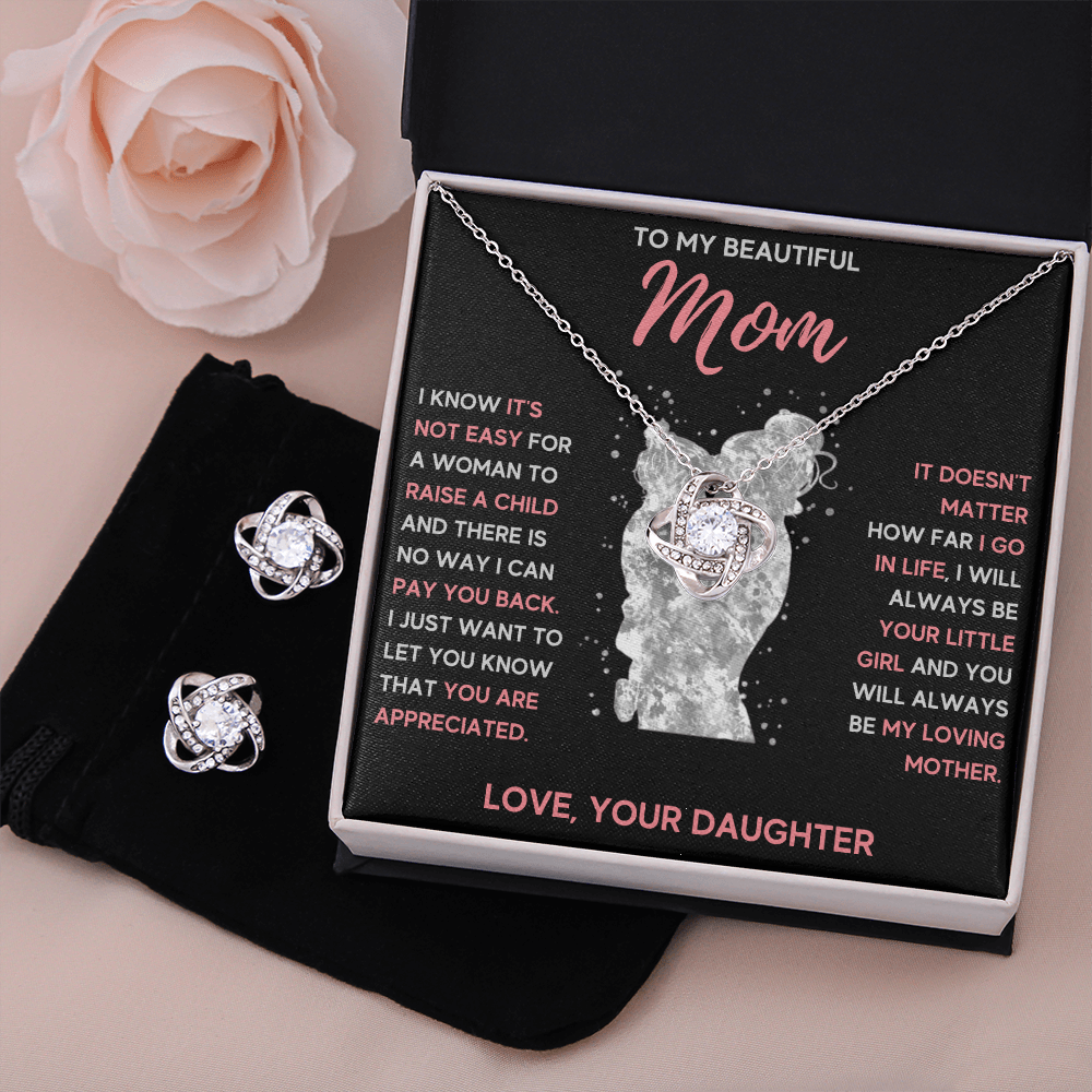 TO MY MOM LITTLE GIRL LOVE KNOT NECKLACE AND EARRINGS SET