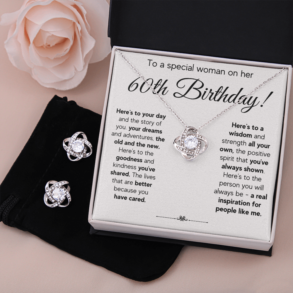 60TH BIRTHDAY WISDOM LOVE KNOT NECKLACE AND EARRINGS SET
