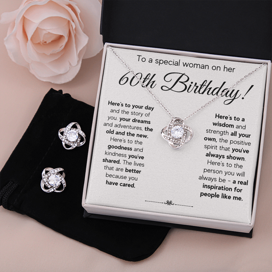 60TH BIRTHDAY WISDOM LOVE KNOT NECKLACE AND EARRINGS SET