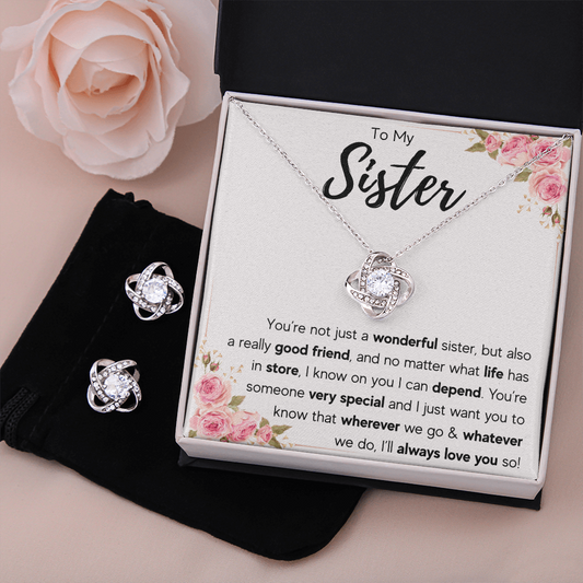 TO MY SISTER LOVE YOU SO LOVE KNOT NECKLACE AND EARRINGS SET