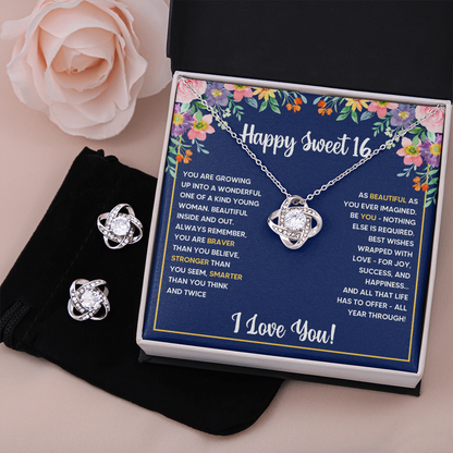 SWEET 16 WRAPPED LOVE KNOT NECKLACE AND EARRINGS SET