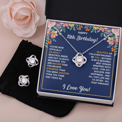 18TH BIRTHDAY WRAPPED LOVE KNOT NECKLACE AND EARRINGS SET