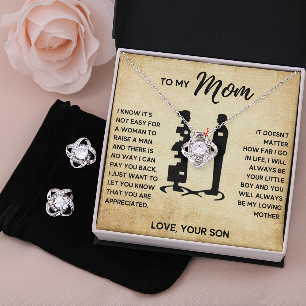 TO MY MOM LITTLE BOY LOVE KNOT NECKLACE AND EARRINGS SET