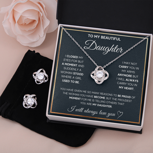 TO MY DAUGHTER PROUD LOVE KNOT NECKLACE AND EARRINGS SET