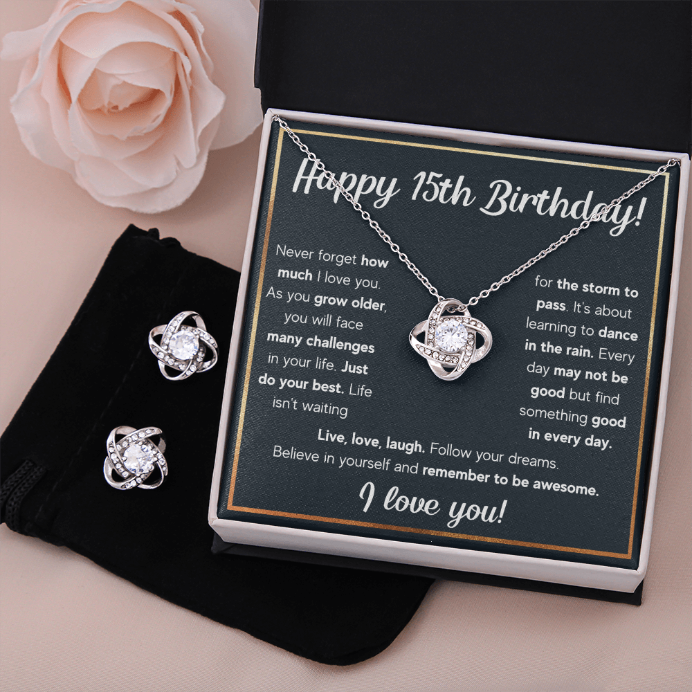 HAPPY 15TH BIRTHDAY RAIN LOVE KNOT NECKLACE AND EARRINGS SET