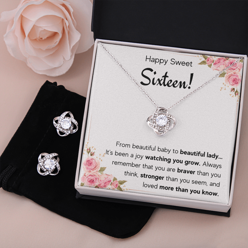 HAPPY SWEET SIXTEEN JOY LOVE KNOT NECKLACE AND EARRINGS SET