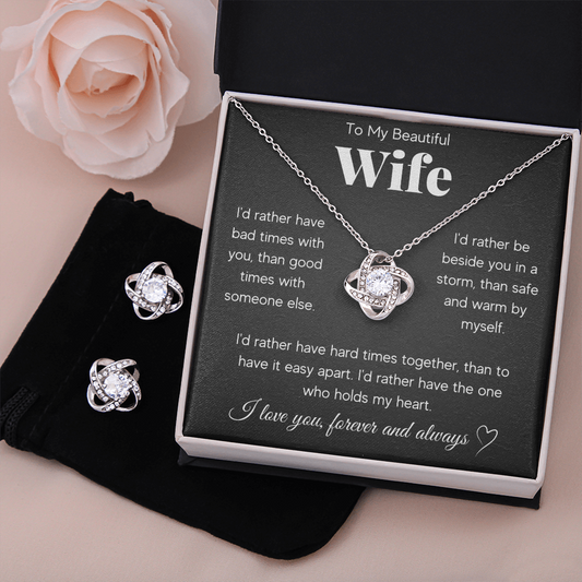 TO MY BEAUTIFUL WIFE RATHER LOVE KNOT NECKLACE AND EARRINGS SET