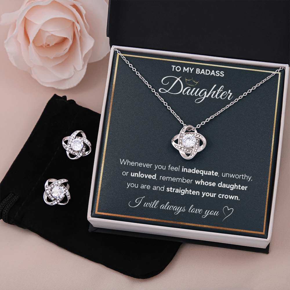 TO MY BADASS DAUGHTER LOVE KNOT NECKLACE AND EARRINGS SET