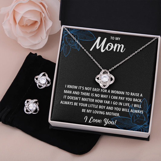 TO MY MOM LITTLE BOY BLACK LOVE KNOT NECKLACE AND EARRINGS SET