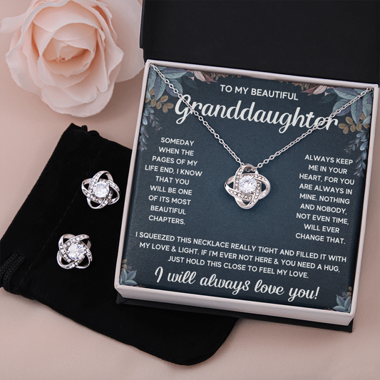 TO MY GRANDDAUGHTER SQUEEZED LOVE KNOT NECKLACE AND EARRINGS SET
