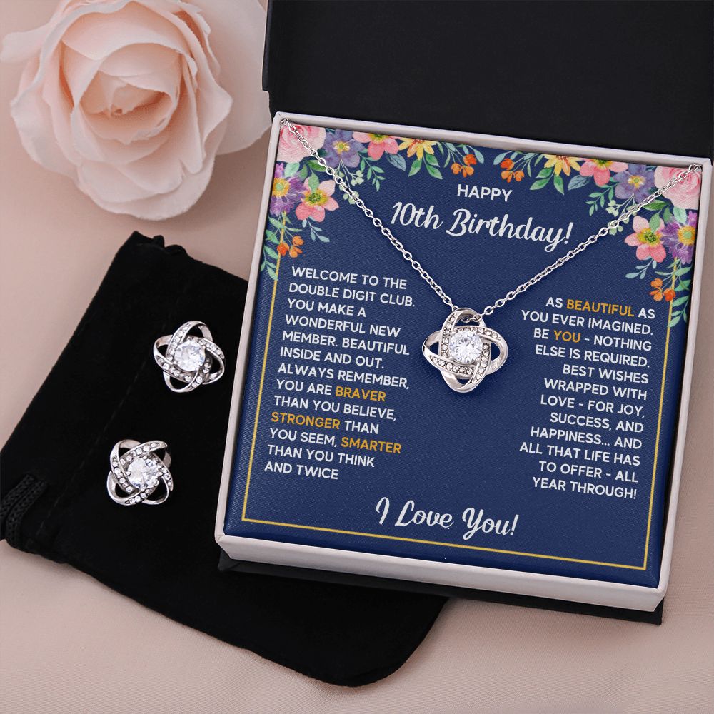 10TH BIRTHDAY WRAPPED LOVE KNOT NECKLACE AND EARRINGS SET