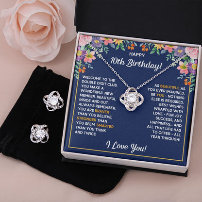 10TH BIRTHDAY WRAPPED LOVE KNOT NECKLACE AND EARRINGS SET