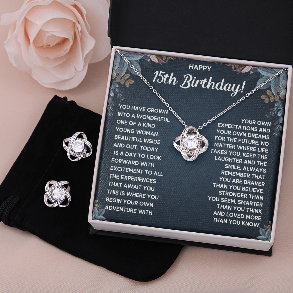 HAPPY 15TH BIRTHDAY DREAMS LOVE KNOT NECKLACE AND EARRINGS SET