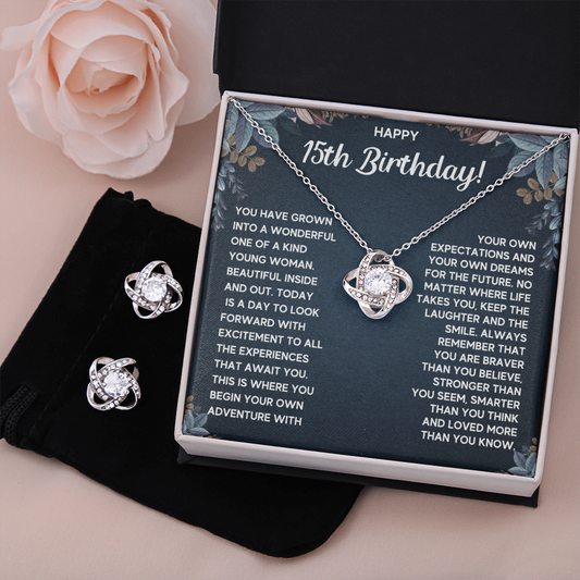 HAPPY 15TH BIRTHDAY DREAMS LOVE KNOT NECKLACE AND EARRINGS SET