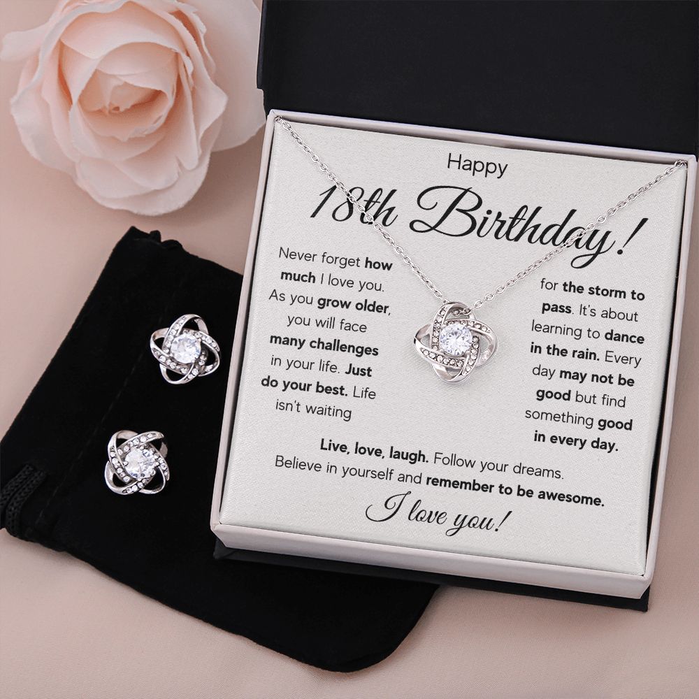 18TH BIRTHDAY STORM LOVE KNOT NECKLACE AND EARRINGS SET