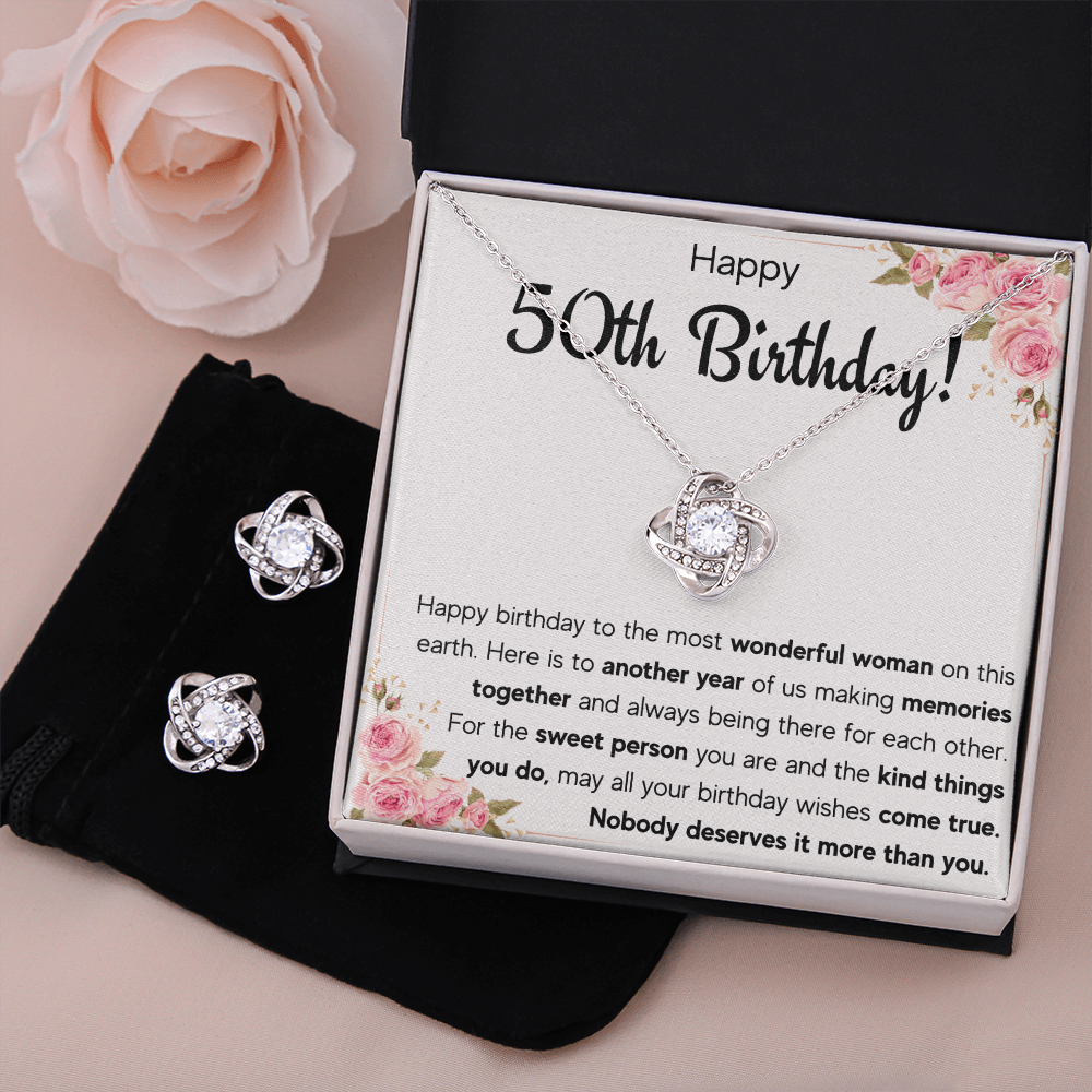 50TH BIRTHDAY MEMORIES LOVE KNOT NECKLACE AND EARRINGS SET