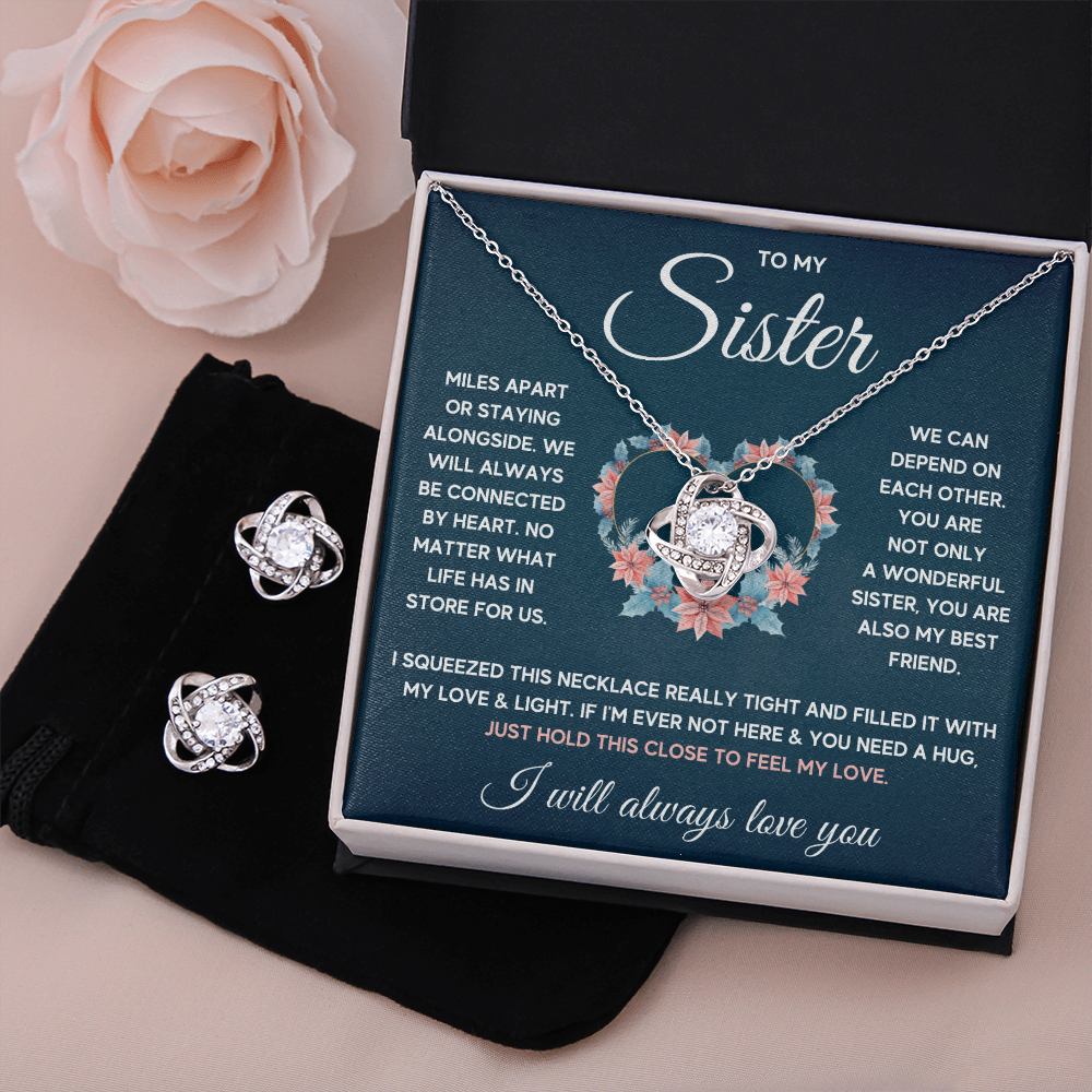 TO MY SISTER SQUEEZED LOVE KNOT NECKLACE AND EARRINGS SET