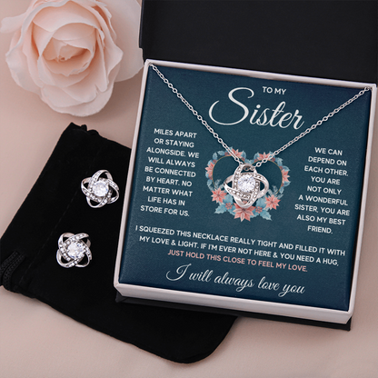 TO MY SISTER SQUEEZED LOVE KNOT NECKLACE AND EARRINGS SET