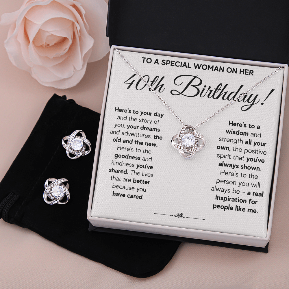 40TH BIRTHDAY WISDOM LOVE KNOT NECKLACE AND EARRINGS SET