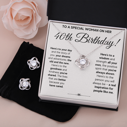 40TH BIRTHDAY WISDOM LOVE KNOT NECKLACE AND EARRINGS SET