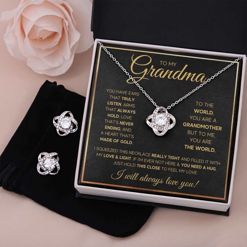 TO MY GRANDMA NEVER ENDING GOLD LOVE KNOT EARRING NECKLACE GIFT SET