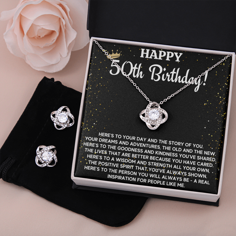 50TH BIRTHDAY WISDOM LOVE KNOT NECKLACE AND EARRINGS SET