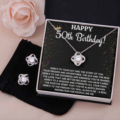 50TH BIRTHDAY WISDOM LOVE KNOT NECKLACE AND EARRINGS SET