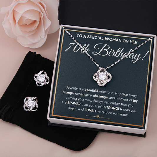 70TH BIRTHDAY MILESTONE LOVE KNOT NECKLACE AND EARRINGS SET