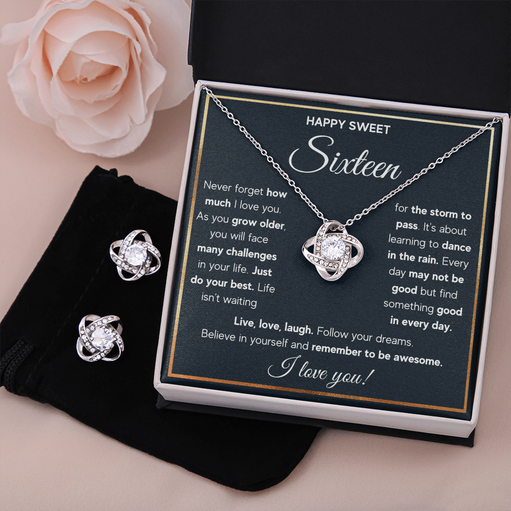 HAPPY SWEET SIXTEEN RAIN LOVE KNOT NECKLACE AND EARRINGS SET