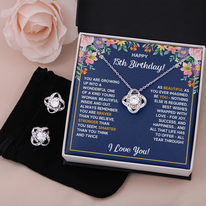 HAPPY 15TH BIRTHDAY WRAPPED LOVE KNOT NECKLACE AND EARRINGS SET