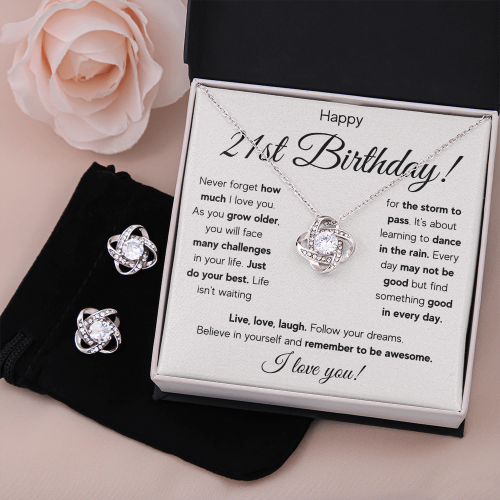 21ST BIRTHDAY RAIN LOVE KNOT NECKLACE AND EARRINGS SET