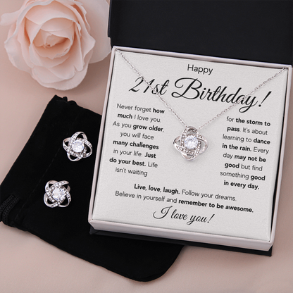 21ST BIRTHDAY RAIN LOVE KNOT NECKLACE AND EARRINGS SET