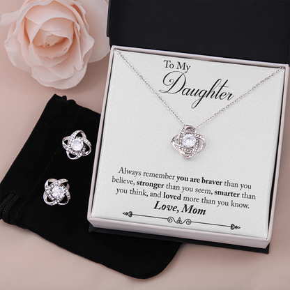 TO MY DAUGHTER BRAVER LOVE KNOT NECKLACE AND EARRINGS SET