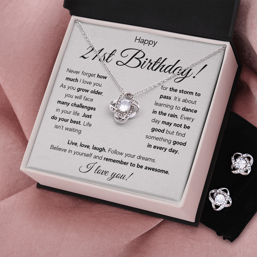 21ST BIRTHDAY RAIN LOVE KNOT NECKLACE AND EARRINGS SET
