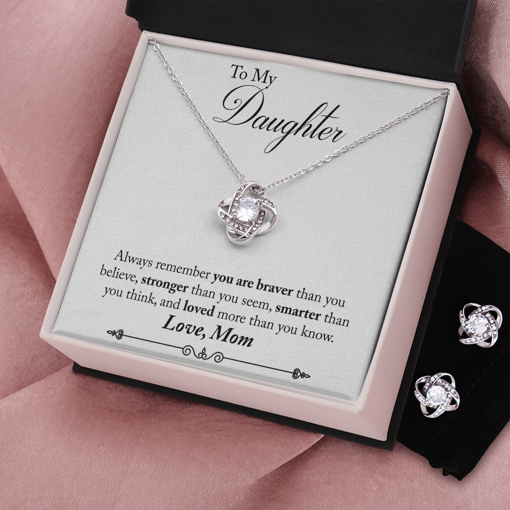 TO MY DAUGHTER BRAVER LOVE KNOT NECKLACE AND EARRINGS SET