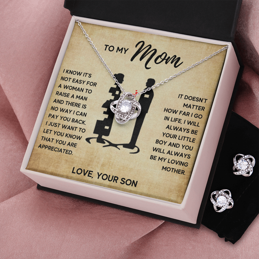 TO MY MOM LITTLE BOY LOVE KNOT NECKLACE AND EARRINGS SET