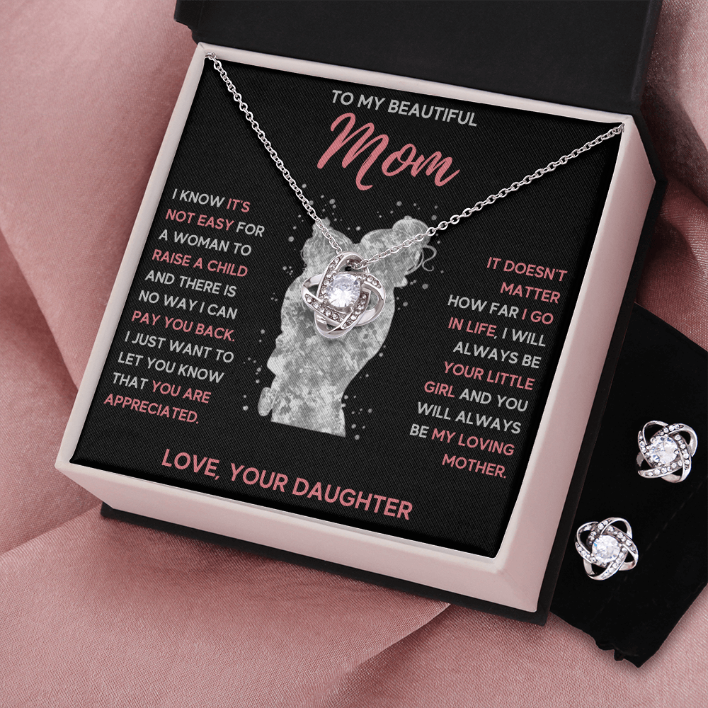 TO MY MOM LITTLE GIRL LOVE KNOT NECKLACE AND EARRINGS SET