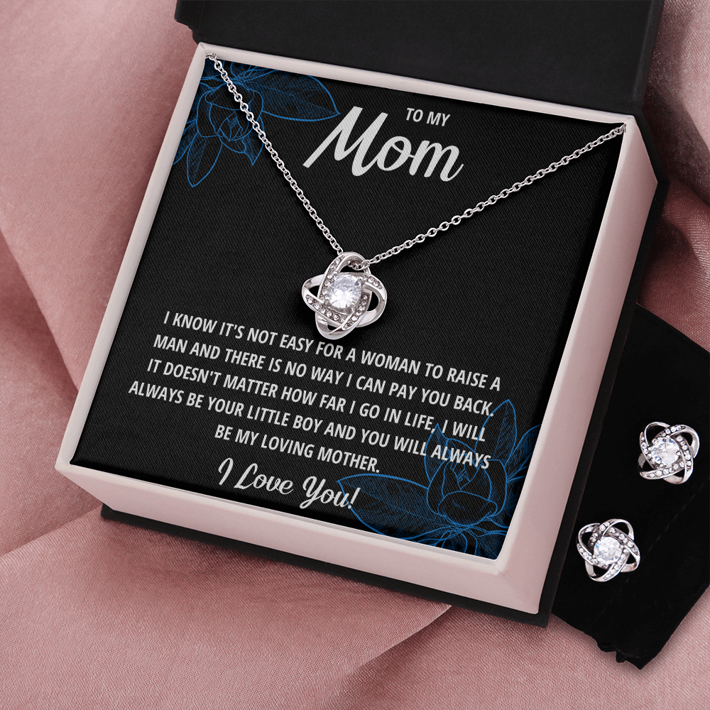 TO MY MOM LITTLE BOY BLACK LOVE KNOT NECKLACE AND EARRINGS SET