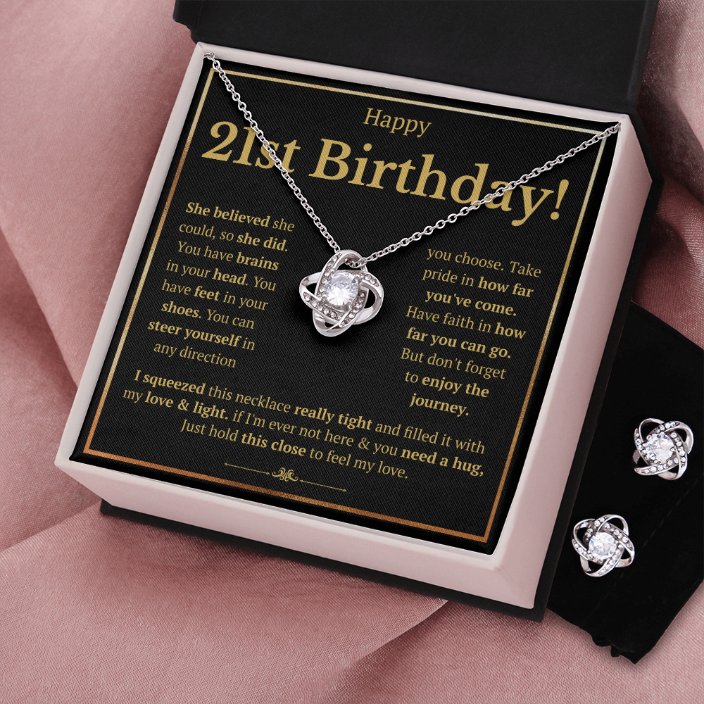 21ST BIRTHDAY SQUEEZED LOVE KNOT NECKLACE AND EARRINGS SET