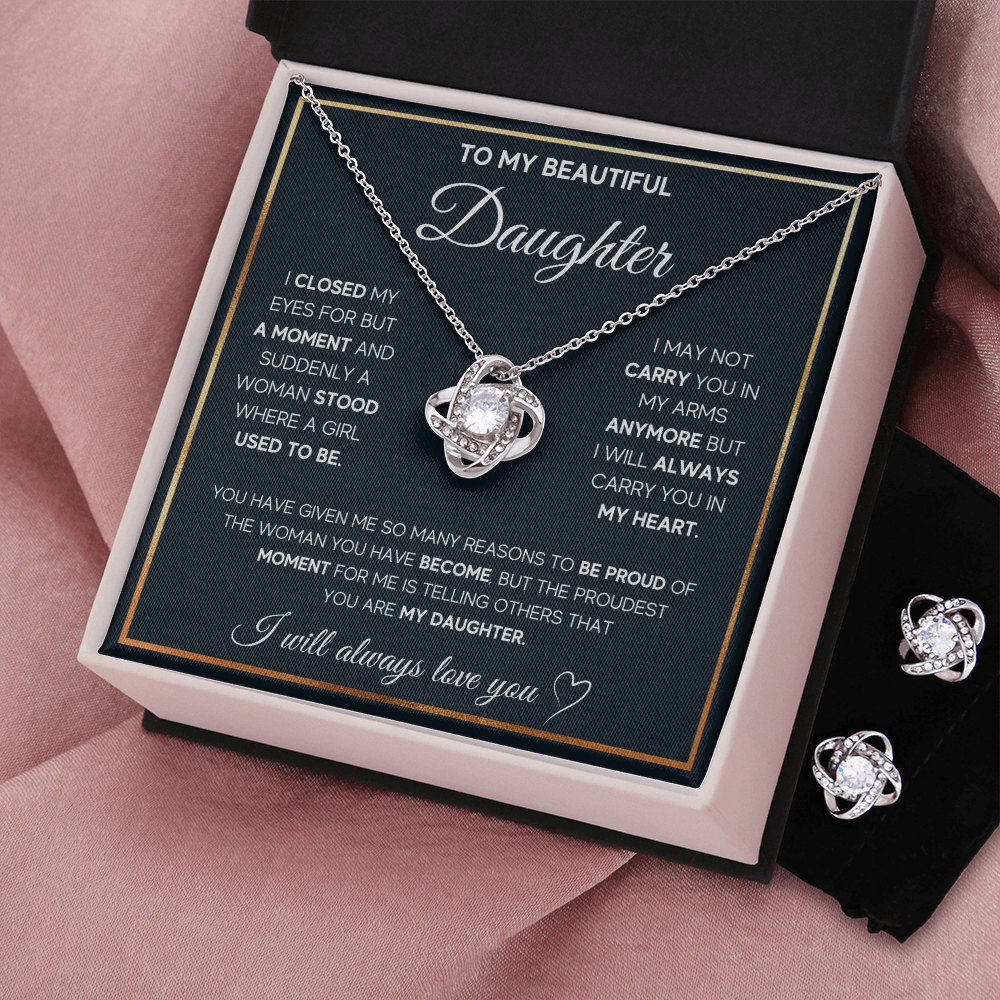 TO MY DAUGHTER PROUD LOVE KNOT NECKLACE AND EARRINGS SET