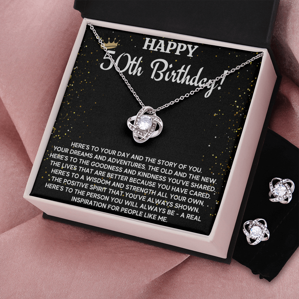 50TH BIRTHDAY WISDOM LOVE KNOT NECKLACE AND EARRINGS SET