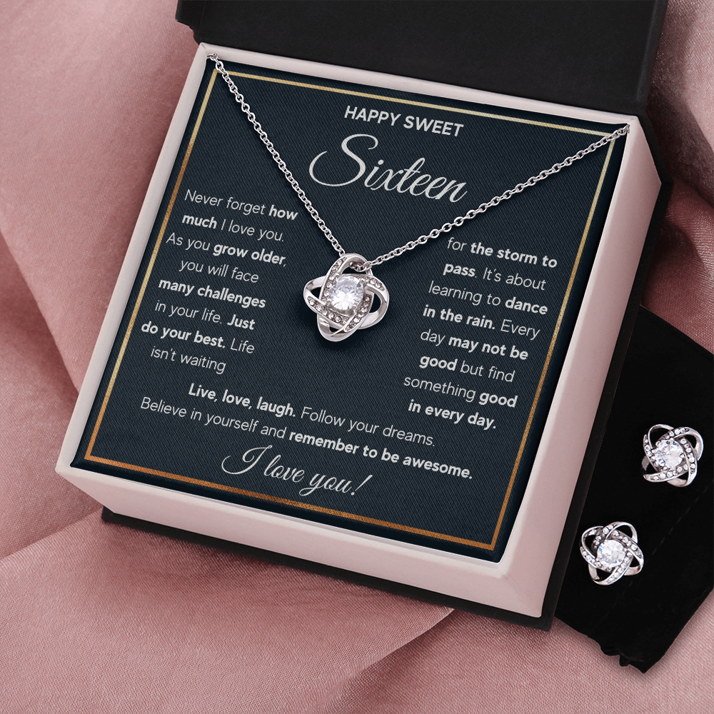 HAPPY SWEET SIXTEEN RAIN LOVE KNOT NECKLACE AND EARRINGS SET