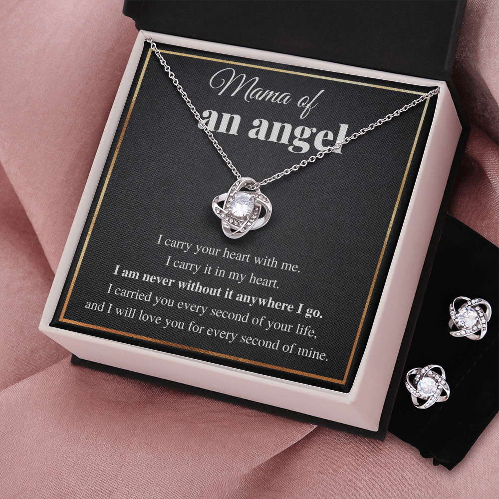 MAMA OF AN ANGEL LOVE KNOT NECKLACE AND EARRINGS GIFT SET