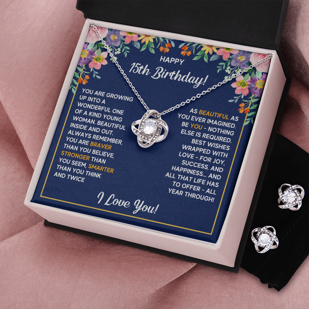 HAPPY 15TH BIRTHDAY WRAPPED LOVE KNOT NECKLACE AND EARRINGS SET