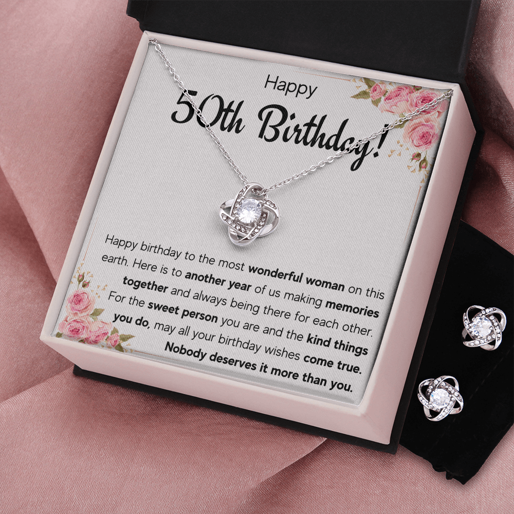 50TH BIRTHDAY MEMORIES LOVE KNOT NECKLACE AND EARRINGS SET