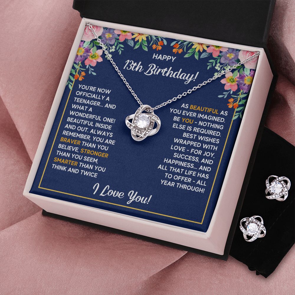 13TH BIRTHDAY WRAPPED LOVE KNOT NECKLACE AND EARRINGS SET